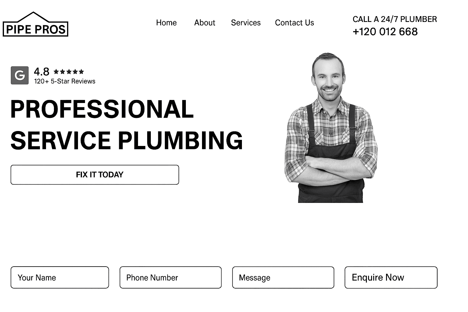 old Homepage of Pipe Pros plumbing service website featuring a smiling plumber in uniform, company logo, navigation menu (Home, About, Services, Contact Us)