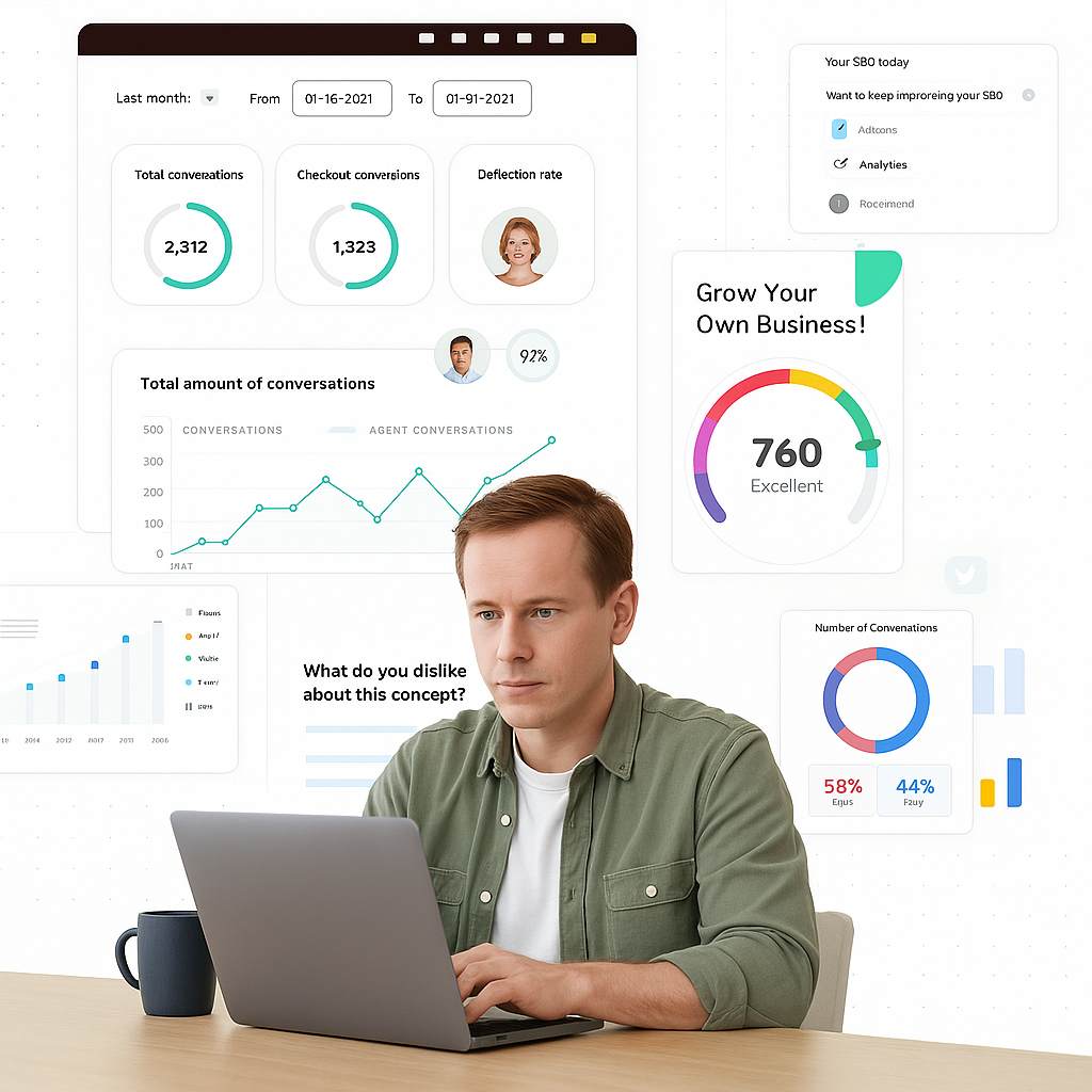 Entrepreneur tracking business growth and SEO performance through a data analytics dashboard with real-time insights and customer behavior charts