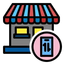 Online store icon with striped awning and mobile device sync symbol