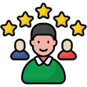 Smiling user with five stars above and users in background, showing customer feedback and satisfaction