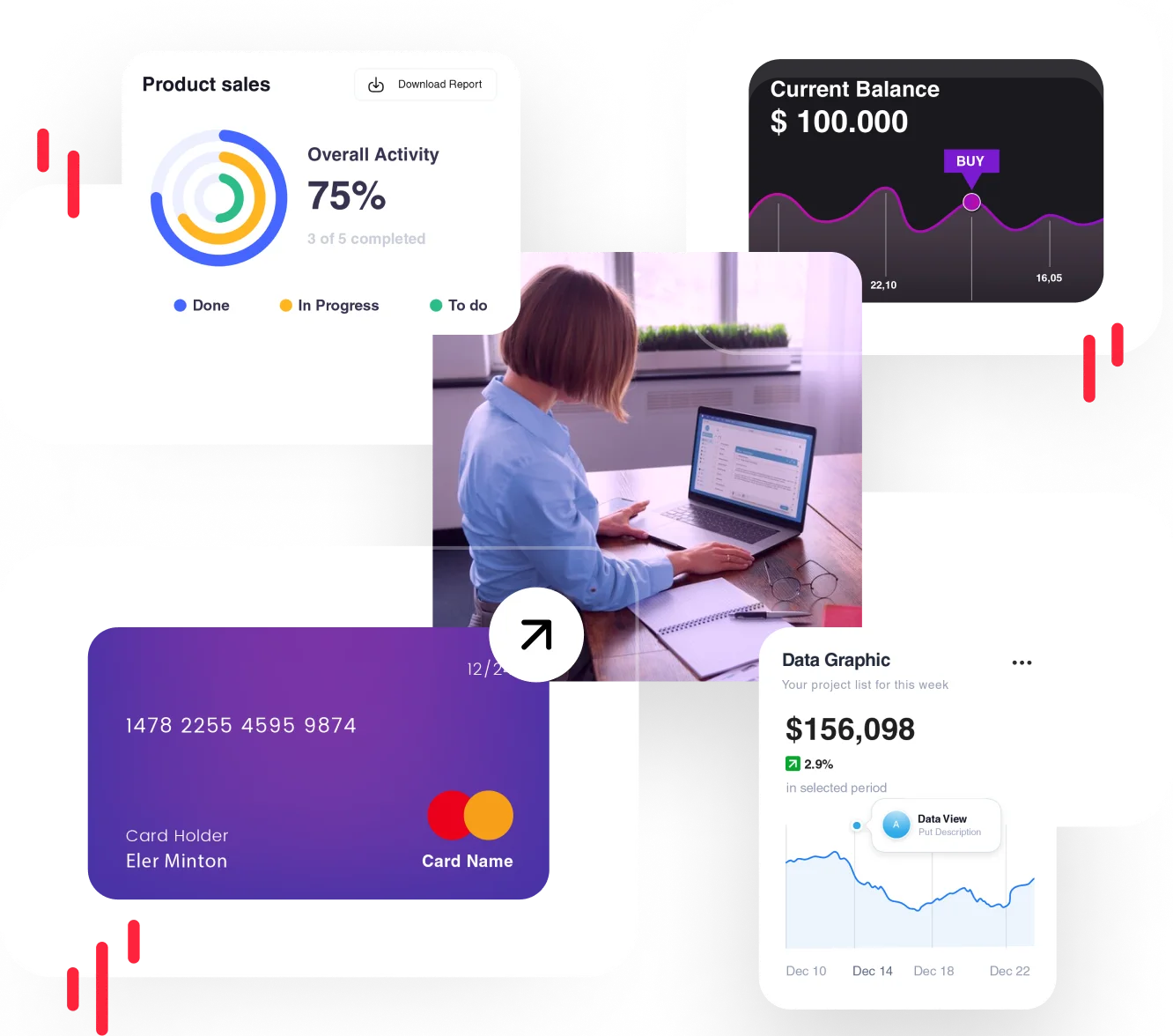 Woman working on a laptop surrounded by digital UI elements including financial data graphs, product sales charts, and a credit card