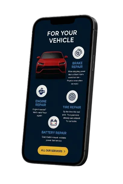 A smartphone mockup displaying a car repair service website. The screen has a dark blue background with a red sports car image in the center. The website lists services including brake repair, engine repair, tire repair, and battery repair
