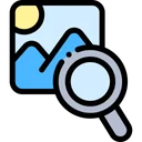 Magnifying glass over a photo of mountains and sun, symbolizing image search and analysis