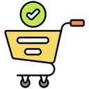 Yellow shopping cart with green checkmark icon for order confirmation or successful checkout
