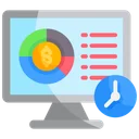Computer screen icon showing finance dashboard with pie chart, dollar sign, and clock symbol for real-time analysis