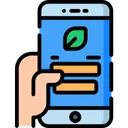 Hand holding smartphone with app UI and green leaf icon on screen