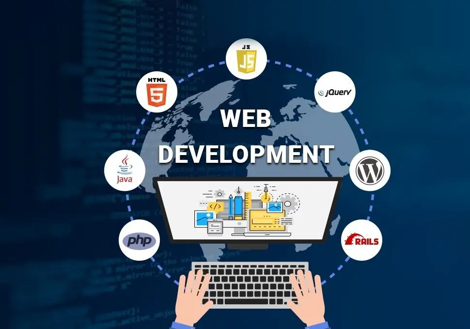 Illustration of web development featuring a laptop screen with design and coding elements, surrounded by programming technologies including HTML5, JavaScript, jQuery, PHP, Java, WordPress, and Ruby on Rails, with a global digital background.