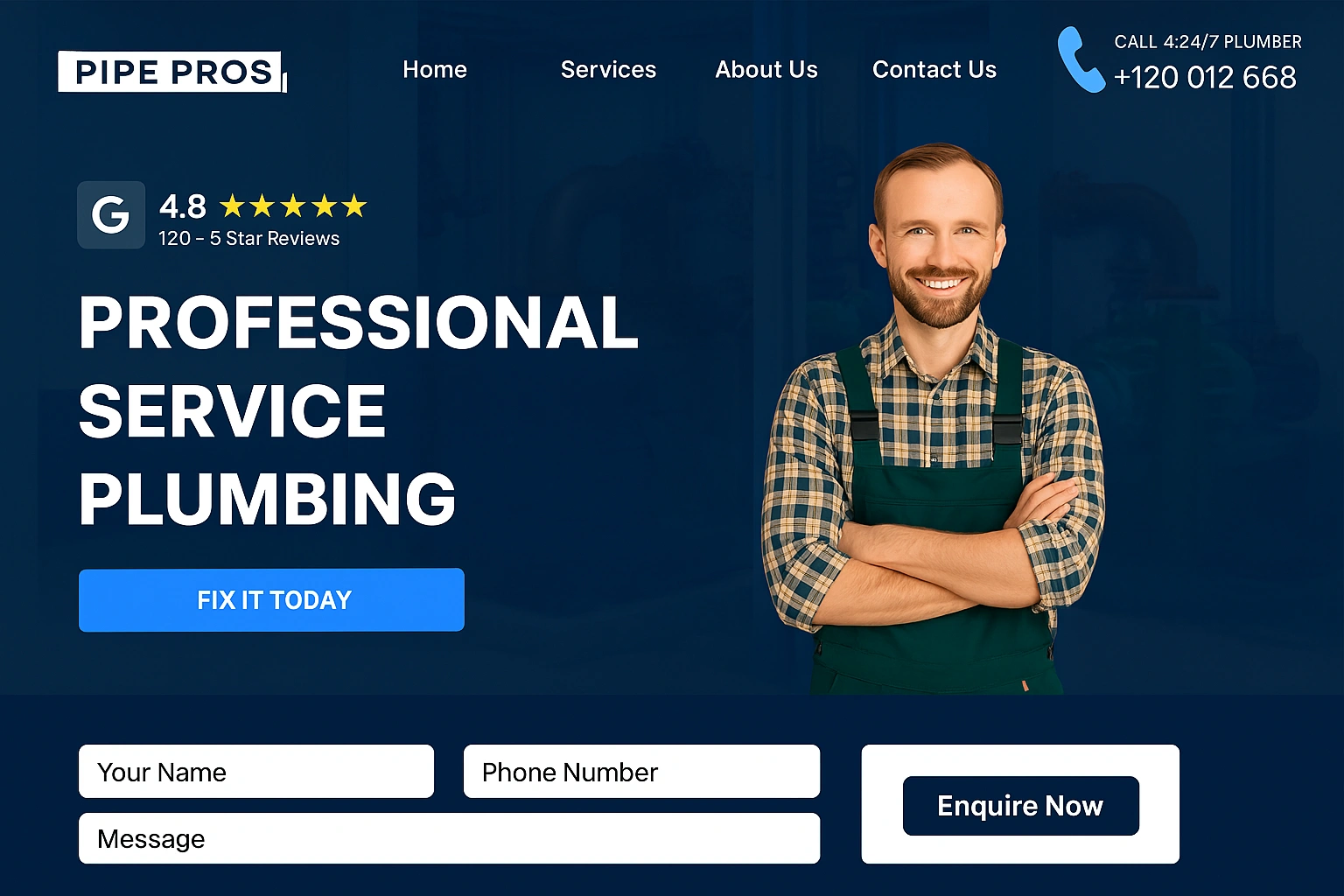 new Homepage of Pipe Pros plumbing service website featuring a smiling plumber in uniform, company logo, navigation menu (Home, About, Services, Contact Us)
