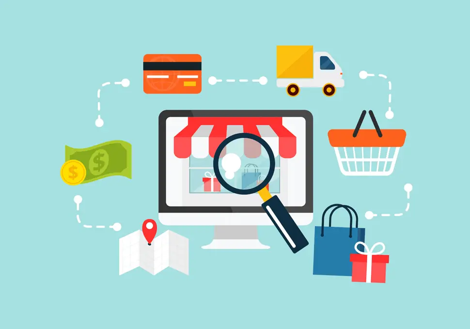 E-commerce flow diagram with computer, credit card, money, delivery truck, shopping cart, and gift icons