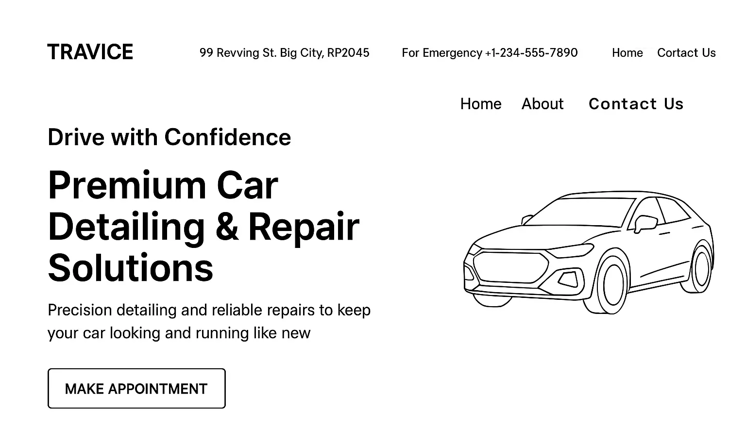 Website homepage of Travice car detailing and repair service featuring a line art illustration of a car, navigation links, contact details, and a 'Make Appointment' call-to-action button