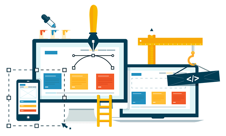 Vector image of desktop, mobile, and laptop screens with design tools, representing web design, UI/UX, and development processes