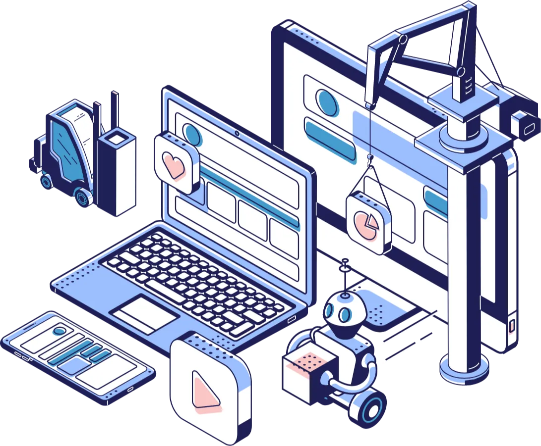 Isometric illustration of robots and devices assembling website components, symbolizing modern web development automation and responsive design